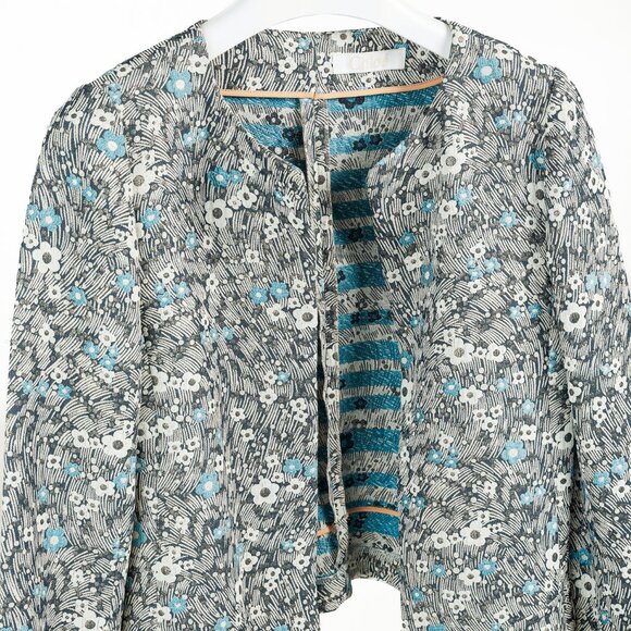 Chloe Blue and Gold Floral Brocade Boxy Cropped Jacket - Picture 3 of 7